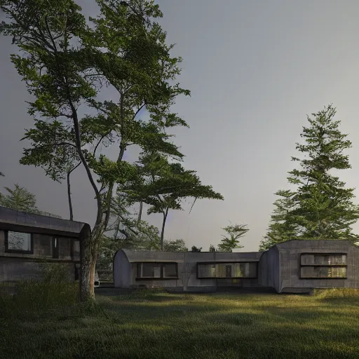 Prompt: futuristic cottage settlement in forest , Alvaro Siza, herzog de meuron, matte painting, high details, 8k