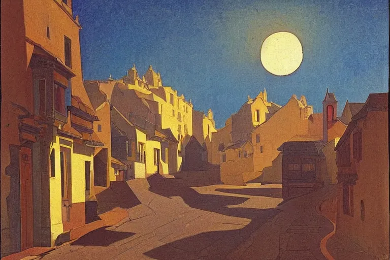 Image similar to winding street at midnight in a very old very beautiful city by George Price Boyce and Nicholas Roerich and William Dyce, glowing paper lanterns, strong dramatic cinematic lighting , ornate tiled architecture, lost civilizations, smooth, sharp focus, extremely detailed