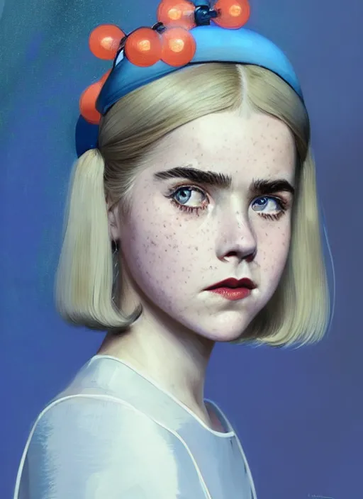 Image similar to portrait of kiernan shipka with freckles, white hair, big 1 9 6 0 s bob hairstyle with bangs and hairband, blue 1 9 6 0 s dress, intricate, elegant, glowing lights, highly detailed, digital painting, artstation, concept art, smooth, sharp focus, illustration, art by wlop, mars ravelo and greg rutkowski