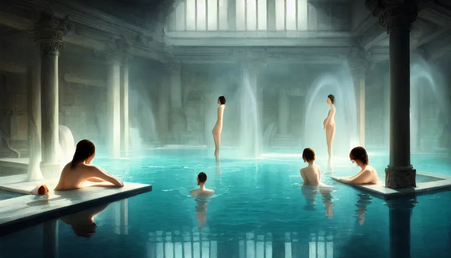 Image similar to bathhouse, women in towels, spa, light, shadows, reflections, epic composition, intricate, elegant, volumetric lighting, digital painting, highly detailed, artstation, sharp focus, illustration, concept art, wlop, artgerm, ruan jia, steve mccurry