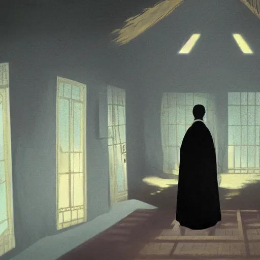 Prompt: the magician with a black robe inside a abandoned house, shadows, lurker, studio ghibli, anime