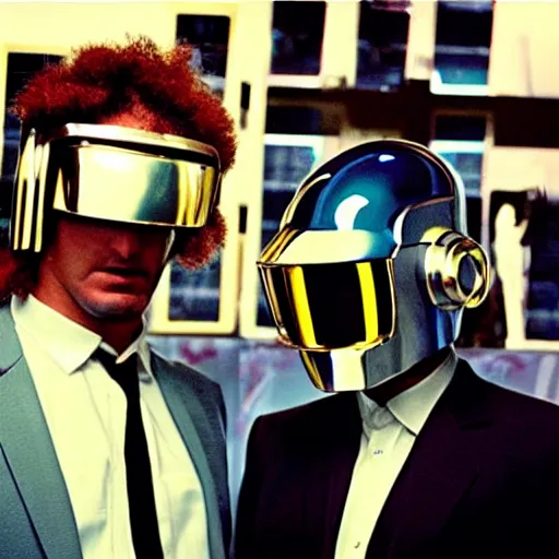 Prompt: “behind the scenes still of Daft Punk guest appearance in Shaun of The Dead (2002). Award winning Photo.”