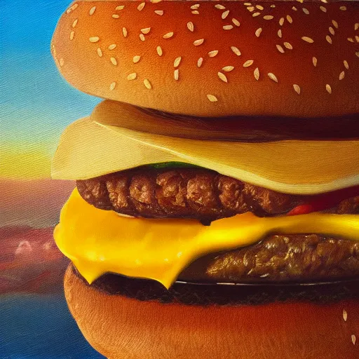 Prompt: a cheeseburger with wings, flapping its wings flying in sunset sky, oil on canvas, portrait, intricate, 8k highly professionally detailed, HDR, CGsociety