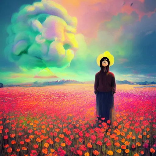 Prompt: woman with big flower face, standing in flower field, surreal photography, sunrise dramatic light, impressionistic painting, colorful clouds, artstation, dali, simon stalenhag