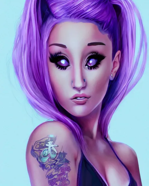 Image similar to beautiful Ariana Grande purple-hair tattoos symmetrical face stunning eyes full length fantasy art icon, 2d art gta5 cover, official fanart behance hd artstation