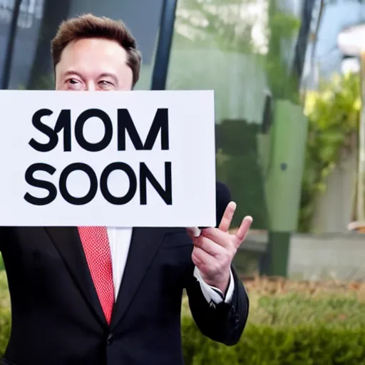 Prompt: a medium shot photograph of elon musk holding a sign with the word SOON SOON SOON' on it, 4k, ultra HD