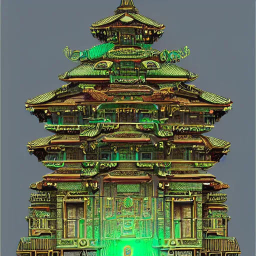 Prompt: strange temple, The building is covert with glyphs and on the top of the temple big gold design intricate, hyper detailed, trending on artstation, green tones, glow