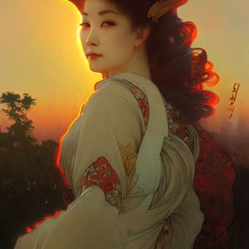 Prompt: matte painting of a geisha on sunset, alphonse mucha, james gurney, greg rutkowski, john howe, artstation