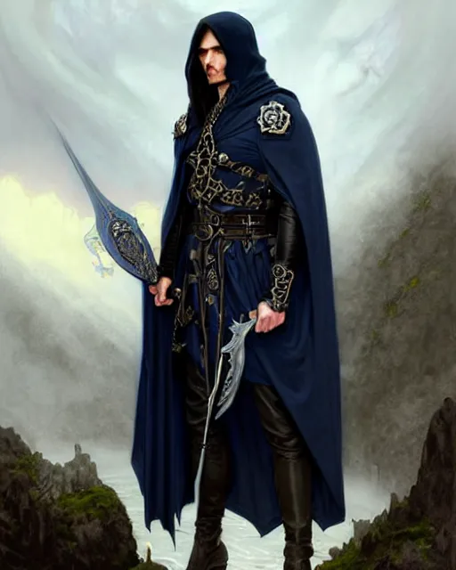 Image similar to handsome male fighting a giant, long black hair blue eyes wearing cloth mantle gothic navy cloak with leather details, cliffside town, fantasy character portrait, ultrarealistic, intricate details, elegant, cinematic lighting, highly detailed, artstation, cgsociety, sharp focus, beautiful digital painting by artgerm, gerald brom, wlop, alphonse mucha