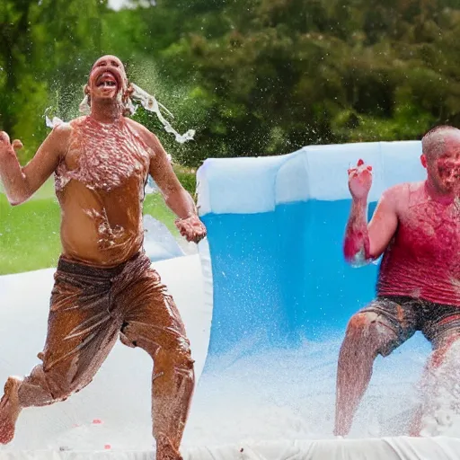 Image similar to a man sliding through pudding, slip n slide, professional photo, funny