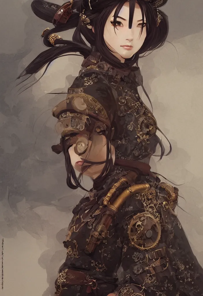Prompt: detailed portrait of steampunk girl samurai in hakama trending on artstation elite, elegant, luxury, by krenz cushart greg rutkowski alexandros, perfect face, fine details, realistic shaded, fine - face, pretty face