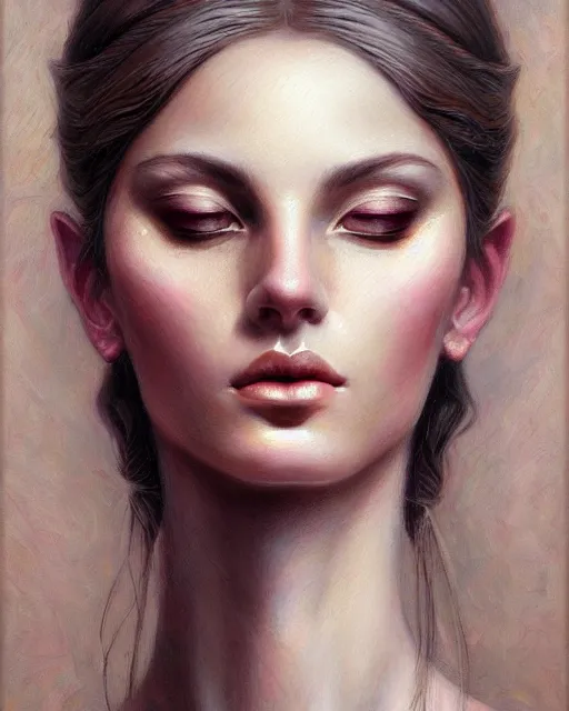 Image similar to portrait of beautiful goddess, enigmatic beauty, esoteric, muted colors, head in focus, fantasy art, ornamental aesthetics, intricate, elegant, highly detailed hyperrealistic painting, artstation, concept art, painterly, sharp focus, illustration, art by lois royoi