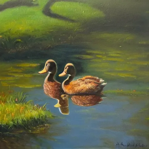 Prompt: a beautiful oil painting of two ducks in a pond