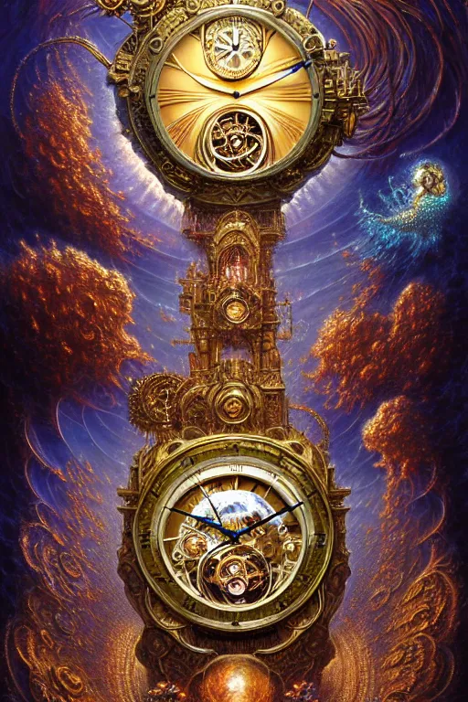 Prompt: intricate Heavenly god tourbillon clocks james gurney, dan luvisi, Petros Afshar, tim hildebrandt, liam wong, Mark Riddick, thomas kinkade, ernst haeckel, dan mumford, trending on artstation, josephine wall, WLOP, cgsociety by Gediminas Pranckevicius, trending on cgsociety and DeviantArt