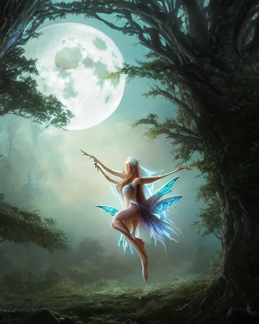 Image similar to attractive fairy goddness fly high in the night, d & d, fantasy, mist, full moon in background, trees, hyper detailed, art by artgerm and greg rutkowski and magali villeneuve, midium shot, 8 k realistic, cryengine, digital painting, trending on artstation, concept art, sharp focus, illustration,