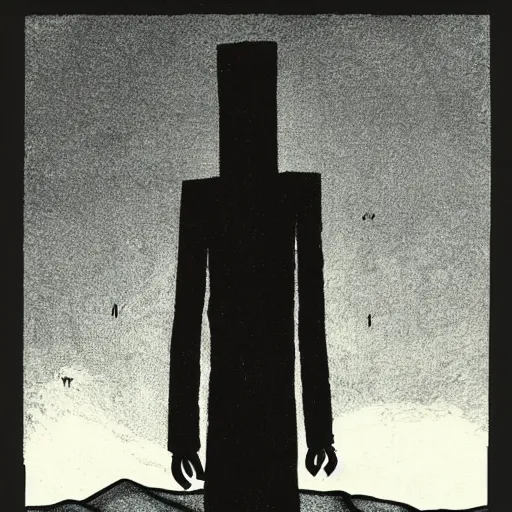 Image similar to tall skinny humanoid creature with no face standing on a hill, night