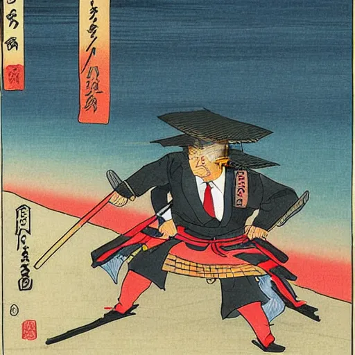 Prompt: Donald Trump in a samurai costume by Hiroshige