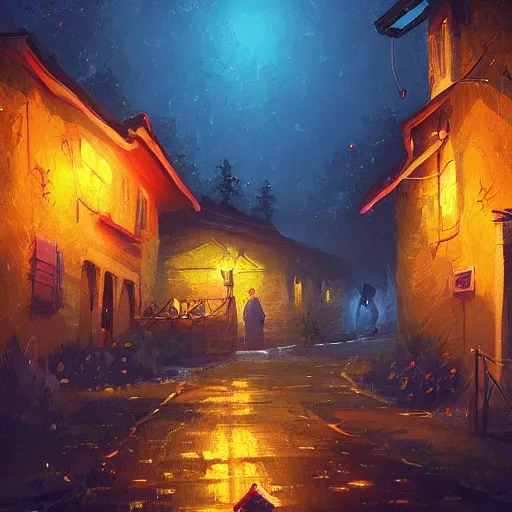 Prompt: A quaint, magical village at night, digital painting by Alena Aenami, trending on artstation