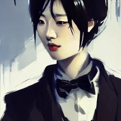 Image similar to portrait of a beautiful korean girl wearing a men's tuxedo, with short messy hair, men's haircut, angular features, angry expression, dramatic lighting, illustration by Greg rutkowski, yoji shinkawa, 4k, digital art, concept art, trending on artstation