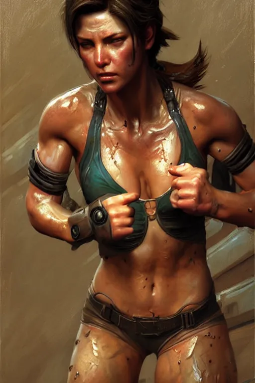 Prompt: muscular sweat jill valentine, covers with mud exhausted face close up, highly detailed painting by gaston bussiere, craig mullins, j. c. leyendecker 8 k