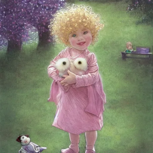 Image similar to a beautiful smiling little [[[[[[[[blonde toddler]]]]]]]]] girl with short loosely curly hair, at the park on a beautiful day, holding a round all-pink stuffed penguin, by Artgerm, Mucha Klimt, Hiroshi Yoshida and Craig Mullins, featured on Artstation, CGSociety, Behance HD, Deviantart