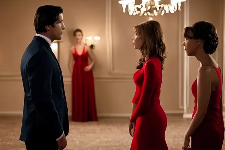 Prompt: full body film still of a man longingly looking at a woman wearing a red dress in the foreground as his wife looks disgustedly at the man in the new romance comedy movie, dramatic angle, dramatic lighting