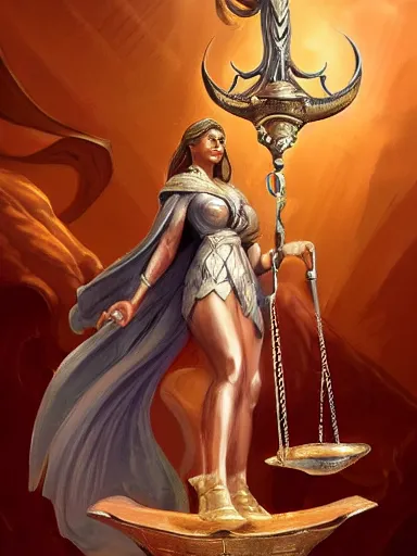 Prompt: a balance and a sord being hold by lady justice. intricate, elegant, highly detailed, digital painting, artstation, concept art, sharp focus, illustration, by justin gerard and artgerm, 8 k