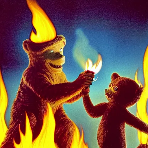 Prompt: UHD candid photo of Cosmic Cornholio torching Smokey The Bear on fire, UHD, photorealistic, correct face, photo by Annie Leibowitz