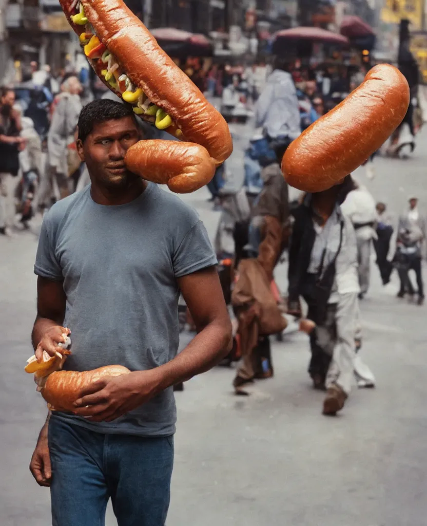 Image similar to closeup portrait of a man carrying a giant hotdog on his shoulder in a smoky new york back street, by Annie Leibovitz and Steve McCurry, natural light, detailed face, CANON Eos C300, ƒ1.8, 35mm, 8K, medium-format print