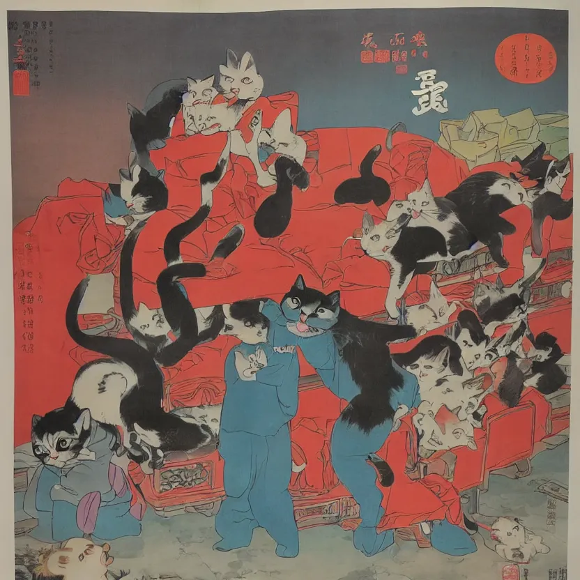 Prompt: chinese propaganda poster with a cartoon cat as the centerpiece