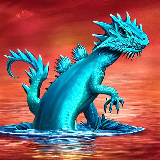 Image similar to a water dragon getting out of the ocean, digital art, fantasy art