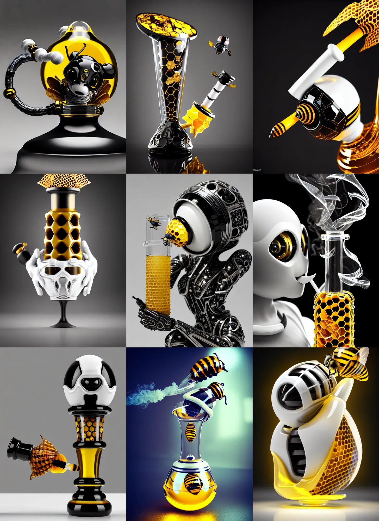 Prompt: white aien exotic obsidian bumblebee edm cyborg smoking honeycomb bong | ornate | glamorous oily soft polished rich enticing ornate modern | weta disney pixar movie still photo | hi - fructose, sci fi fantasy, golden ratio details, smooth, octane render, sharp focus, artstation, concept art | beeple, feng zhu, mucha, rutkowski |