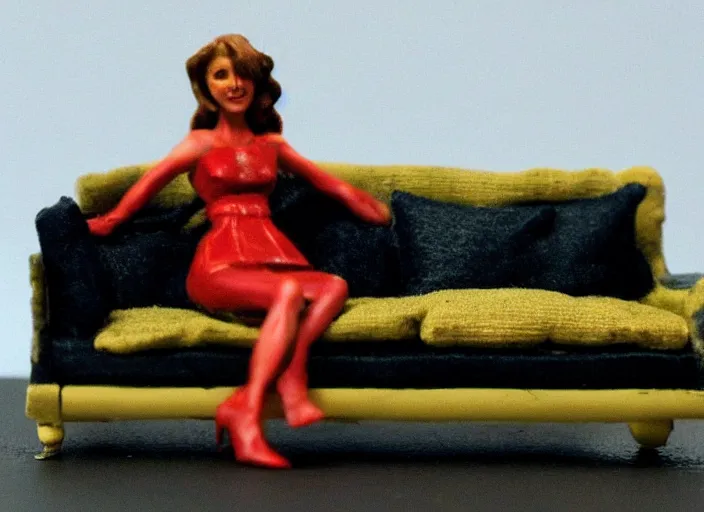 Prompt: Images on the store website, eBay, Full body, Miniature of a woman on a sofa