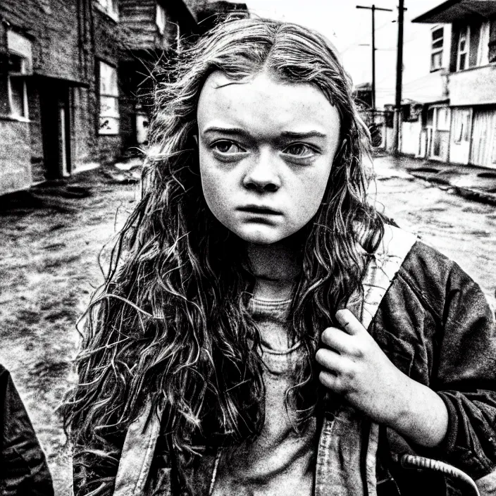 Prompt: extreme close - up on sadie sink as a workman : walks home. background : terraced working - class houses, dirty, polluted. black and white, pencil and ink. by gabriel hardman, joe alves, chris bonura. cinematic atmosphere, detailed and intricate, perfect anatomy