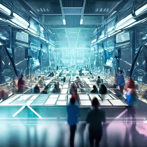 Image similar to large group people in a huge warehouse, looking at hologram of futuristic city on a table | cinematic concept art | godrays | 4 k | clear details | tabletop | tabletop | hologram foreground