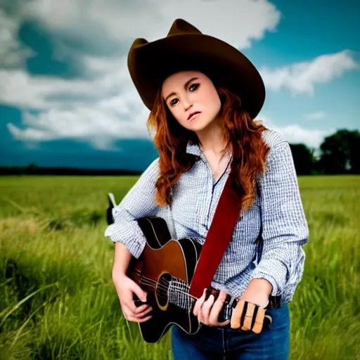 Image similar to a female fluffy humanoid fox animal, wearing cowboy hat, wearing plaid shirt, playing guitar, in a field, barn in background, album cover style