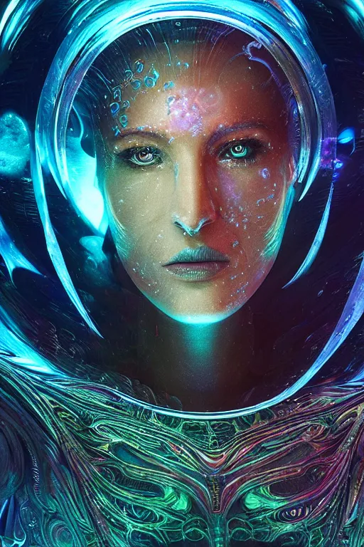 Prompt: a movie still of an ancient futuristic ethereal superstar with digital modifications surrounded by a underwater ink pour and flowing liquid gallium and complex sacred geometry, powerful, cinematic, beautifully lit, by john howe, by beeple, by artgerm, by karol bak, by brian froud, 3 d, trending on cgsociety, octane render, 8 k