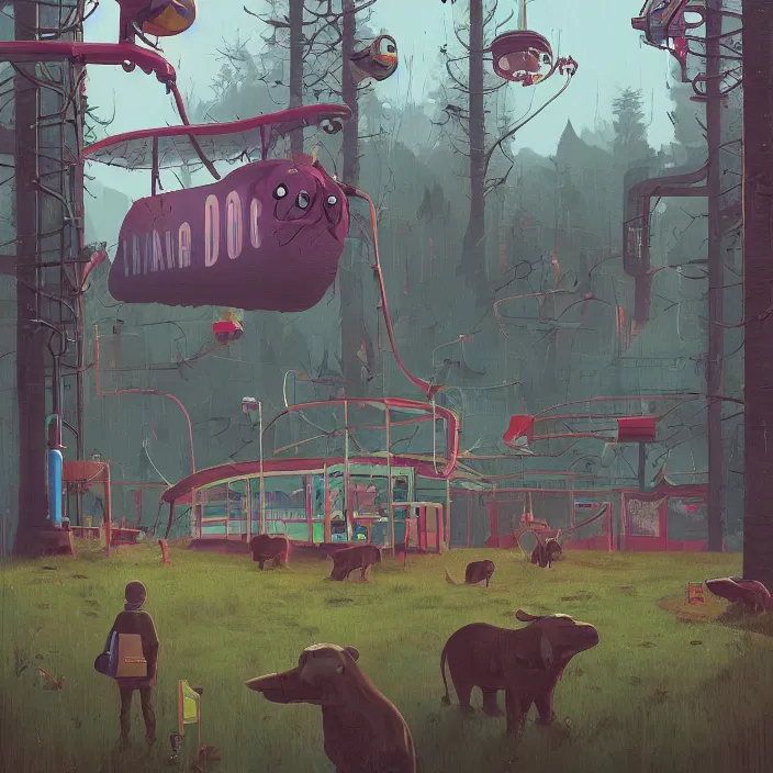 Image similar to a beautiful day at the zoo, by simon stalenhag