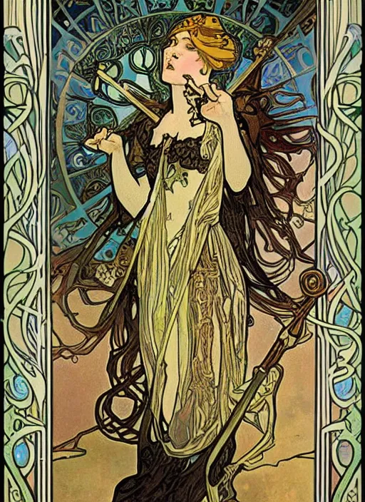 Prompt: an art nouveau painting by alphonse mucha of death, tarot card style