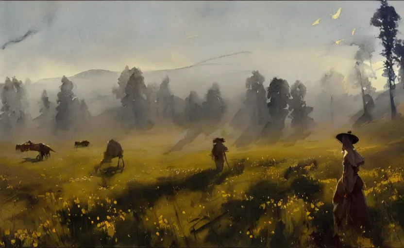 Prompt: california style watercolor painting of scandinavian plains, meadows, fog and dust, art by anders zorn, wonderful masterpiece by greg rutkowski, cinematic light, american romanticism by greg manchess, creation by tyler edlin