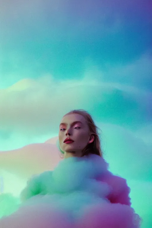 Image similar to high quality pastel coloured film close up wide angle photograph of a model wearing clothing swimming on cloud furniture in a icelandic black rock!! environment in a partially haze filled dreamstate world. three point light, rainbow. photographic production. art directed. pastel colours. volumetric clouds. pastel gradient overlay. waves glitch artefacts. extreme facial clarity. 8 k. filmic.