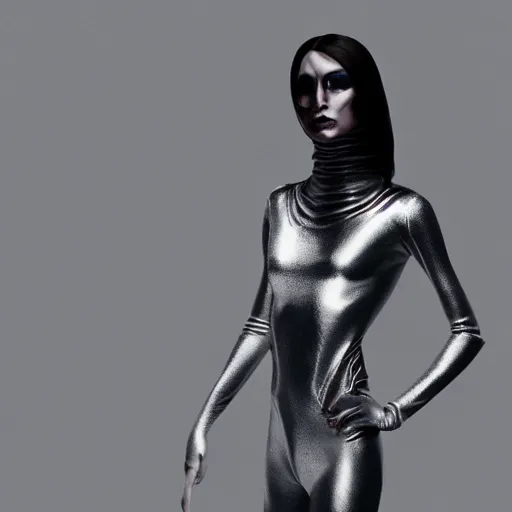 Image similar to realistic photo, alien top model wearing futuristic high fashion clothes, rick owens, demobaza, in a blend grey background