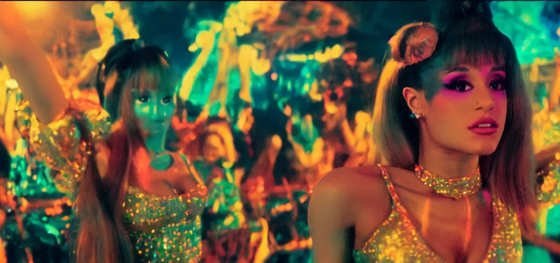 Image similar to cinematic movie still of ariana grande as a 1 9 7 0 s disco queen, 8 k hdr, action shot, movie still, hazy vibes, acid trip, fear and loathing