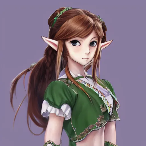 Prompt: full body of a beautiful zelda high school girl, brown hair, ponytail, white ribbon, green eyes, full perfect face, western, fantasy, intricate, elegant, highly detailed, digital painting, artstation, detailed school background, matte, sharp focus, illustration, art by Artgerm, Greg Rutkowski, Alphonse Mucha, Sasoura, Satchely, no distorsion