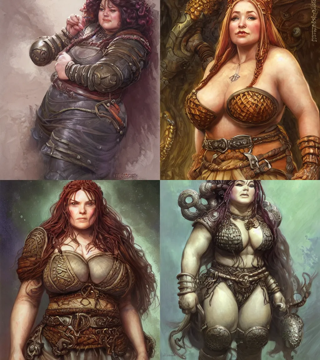 Prompt: plump female dwarven cook | complex braided hairstyle | hyperdetailed | donato giancola, ralph horsley | waist-up portrait | tubby broad body| dungeons and dragons | big nose |