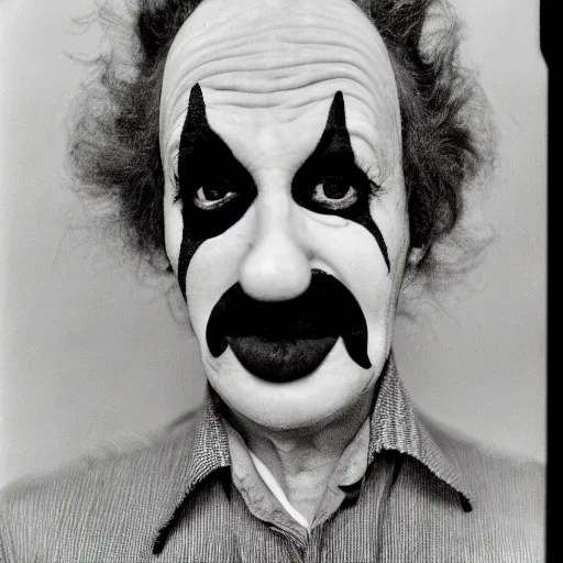 Image similar to portrait of clown by Diane Arbus, 50mm, black and white
