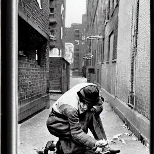 Prompt: 1 9 3 0 s hobo in a nyc alleyway giving himself an insulin shot, norman rockwell painting,