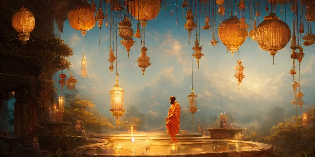 Image similar to painting of a god of wind enjoying his ornate heavenly palace, decorated with windchimes and paper lanterns, stunning nature in background, cinematic, 8 k, hyper detailed, art by greg rutkowski