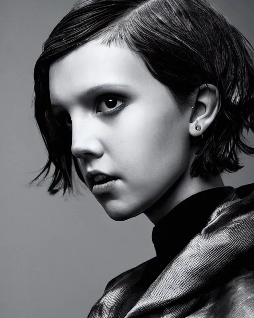 Image similar to close up photo of millie bobby brown by yoji shinkawa, black and white