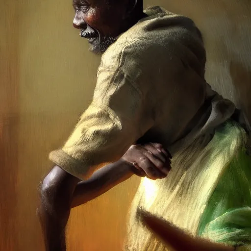 Image similar to a painting of a jovial, loving, daddy/fatherly, generous, kind wise elder and his on from Kenya by Henry Ossawa Tanner . dramatic angle, ethereal lights, details, smooth, sharp focus, illustration, realistic, cinematic, artstation, award winning, rgb , unreal engine, octane render, cinematic light, macro, depth of field, blur, red light and clouds from the back, highly detailed epic cinematic concept art CG render made in Maya, Blender and Photoshop, octane render, excellent composition, dynamic dramatic cinematic lighting, aesthetic, very inspirational, arthouse.